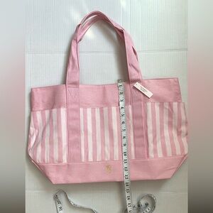 Victoria Secret Women Large Pink & White Striped Canvas Tote Bag.